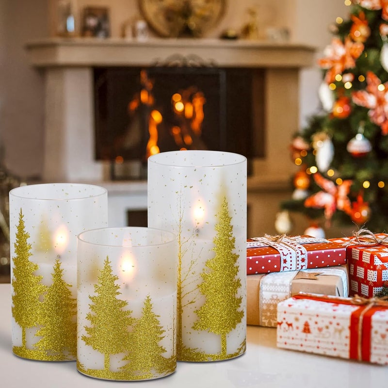 DRomance Christmas Tree Glass Flameless Candles with Remote Timer Battery Operated Real Wax 3D Wick LED Flickering Pillar Candles Christmas Holiday Decor(Gold, 3 x 4,5,6 Inch) - Image 4